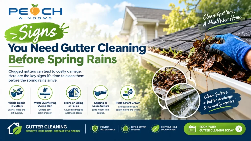 gutter cleaning, gutter cleaning GTA, gutter cleaning Toronto, spring gutter cleaning, gutter maintenance, clogged gutters, signs gutters need cleaning, gutter overflow, sagging gutters, gutters pulling away from roofline, visible plant growth in gutters, gutter debris, water damage, siding staining, water pooling near foundation, downspout blockage, foundation water damage, ice damming, roofline pest activity, spring home maintenance, gutter and window cleaning, exterior home maintenance, window cleaning GTA, window cleaning Toronto, Peach Windows, Greater Toronto Area gutter cleaning, residential gutter cleaning, spring rain gutter preparation