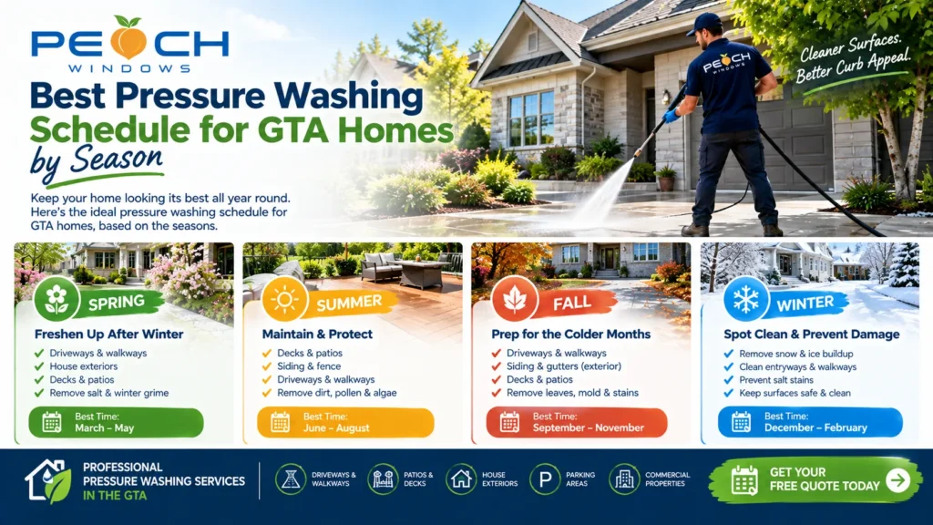 pressure washing GTA, pressure washing Toronto, GTA pressure washing, pressure washing services GTA, residential pressure washing, seasonal pressure washing, pressure washing schedule, spring pressure washing, summer pressure washing, fall pressure washing, winter pressure washing, driveway pressure washing, walkway pressure washing, deck pressure washing, patio pressure washing, siding pressure washing, fence pressure washing, driveway cleaning, walkway cleaning, deck cleaning, patio cleaning, siding cleaning, fence cleaning, mold removal, mildew removal, algae removal, exterior house cleaning, outdoor surface cleaning, spring cleaning GTA, fall cleaning GTA, winter salt removal, road salt removal, driveway stain removal, organic buildup removal, pressure washing homeowners, residential exterior cleaning, GTA home maintenance, seasonal home maintenance, pressure washing frequency, pressure washing before winter, pressure washing after winter, pressure washing before staining, pressure washing before sealing, Peach Windows, pressure washing Vaughan, pressure washing Toronto GTA, pressure washing Greater Toronto Area