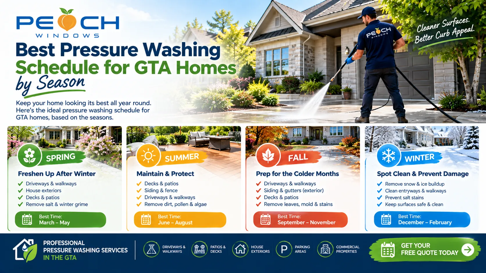 pressure washing GTA, pressure washing Toronto, GTA pressure washing, pressure washing services GTA, residential pressure washing, seasonal pressure washing, pressure washing schedule, spring pressure washing, summer pressure washing, fall pressure washing, winter pressure washing, driveway pressure washing, walkway pressure washing, deck pressure washing, patio pressure washing, siding pressure washing, fence pressure washing, driveway cleaning, walkway cleaning, deck cleaning, patio cleaning, siding cleaning, fence cleaning, mold removal, mildew removal, algae removal, exterior house cleaning, outdoor surface cleaning, spring cleaning GTA, fall cleaning GTA, winter salt removal, road salt removal, driveway stain removal, organic buildup removal, pressure washing homeowners, residential exterior cleaning, GTA home maintenance, seasonal home maintenance, pressure washing frequency, pressure washing before winter, pressure washing after winter, pressure washing before staining, pressure washing before sealing, Peach Windows, pressure washing Vaughan, pressure washing Toronto GTA, pressure washing Greater Toronto Area