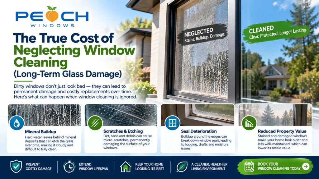 window cleaning, window cleaning services, long-term glass damage, neglected windows, hard water stains, hard water spotting, permanent glass etching, glass restoration, window glass damage, window maintenance, window frame deterioration, window sill deterioration, wood window frames, mold growth, moisture damage, window seal failure, double pane windows, triple pane windows, window condensation, natural light, dirty windows, window screens, window tracks, airflow, window maintenance cleaning, hard water treatment, glass replacement, frame restoration, seasonal window cleaning, routine window cleaning, window restoration, home maintenance, energy efficiency, Greater Toronto Area window cleaning, Toronto window cleaning, Peach Windows, residential window cleaning